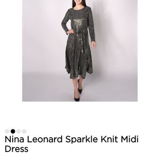 Nina Leonard Metallic Black & Silver Sequin Midi Dress